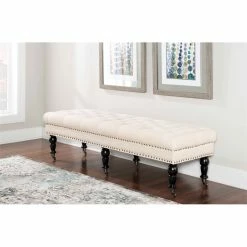 Coupon ⌛ Linon Isabelle 62" Wood Upholstered Bench In Beige ✔️ -Bedroom Benches Store 497326 7 L