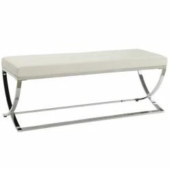 Best Sale 🔥 Coaster Tufted Faux Leather Contemporary Accent Bench In White And Chrome ✔️